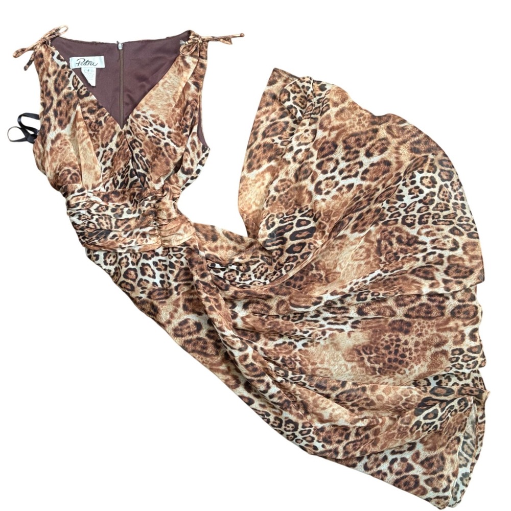 Vintage Babydoll Leopard Print Maxi Dress 4 Brown V-Neck Ruched Waist Sleeveless